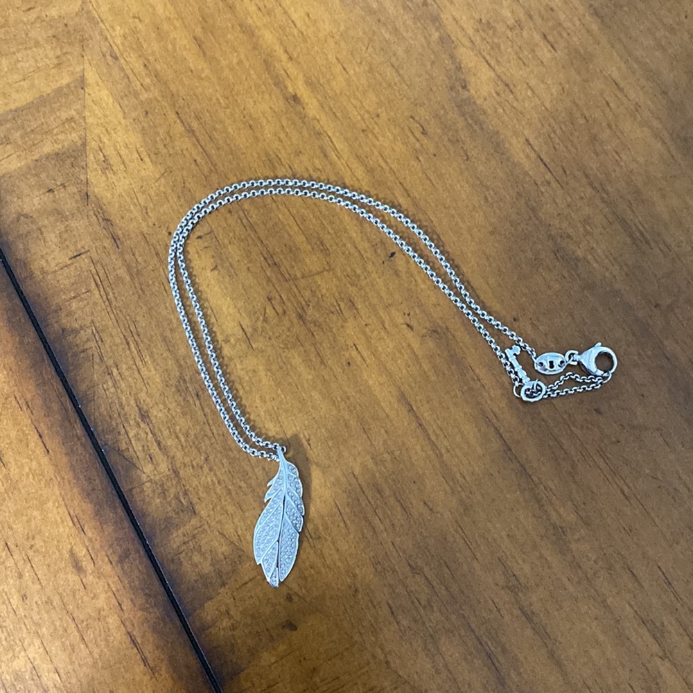Fossil Silver Feather Necklace with Rhinestones